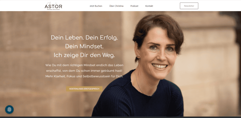 Screenshot der Coaching-Website von Christina Astor – Mindset-Coaching für Klarheit, Erfolg und Selbstbewusstsein